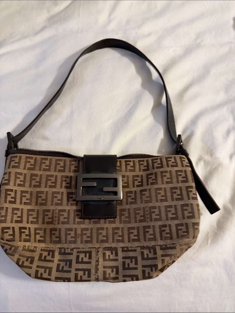 Fendi Brown Monogram Canvas Shoulder Bag with Dark Leather Strap